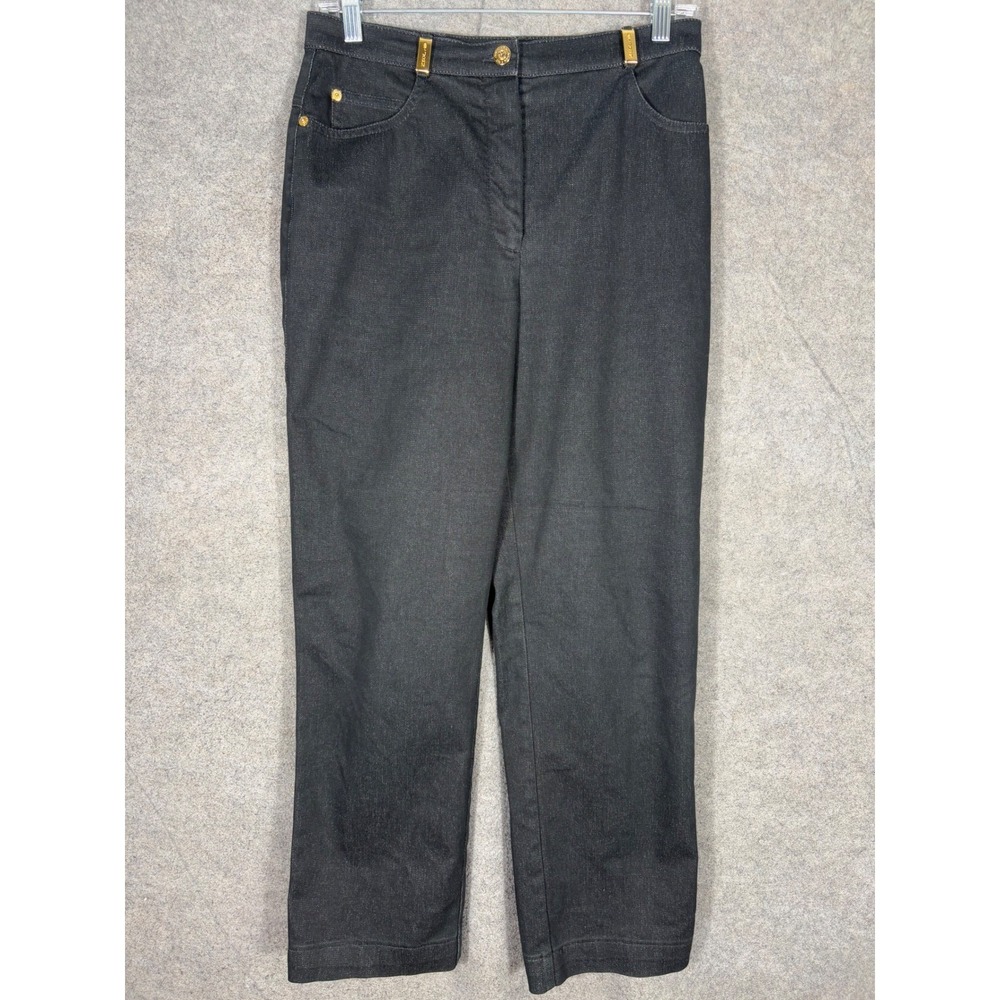 St John Sport Essentials Marie Gray Black Straight Leg Pants Gold Hardware Sz 10